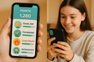 Teen girl's smartphone screen showing ADHD screen time reward app with points, badges, and progress bars resembling school point system