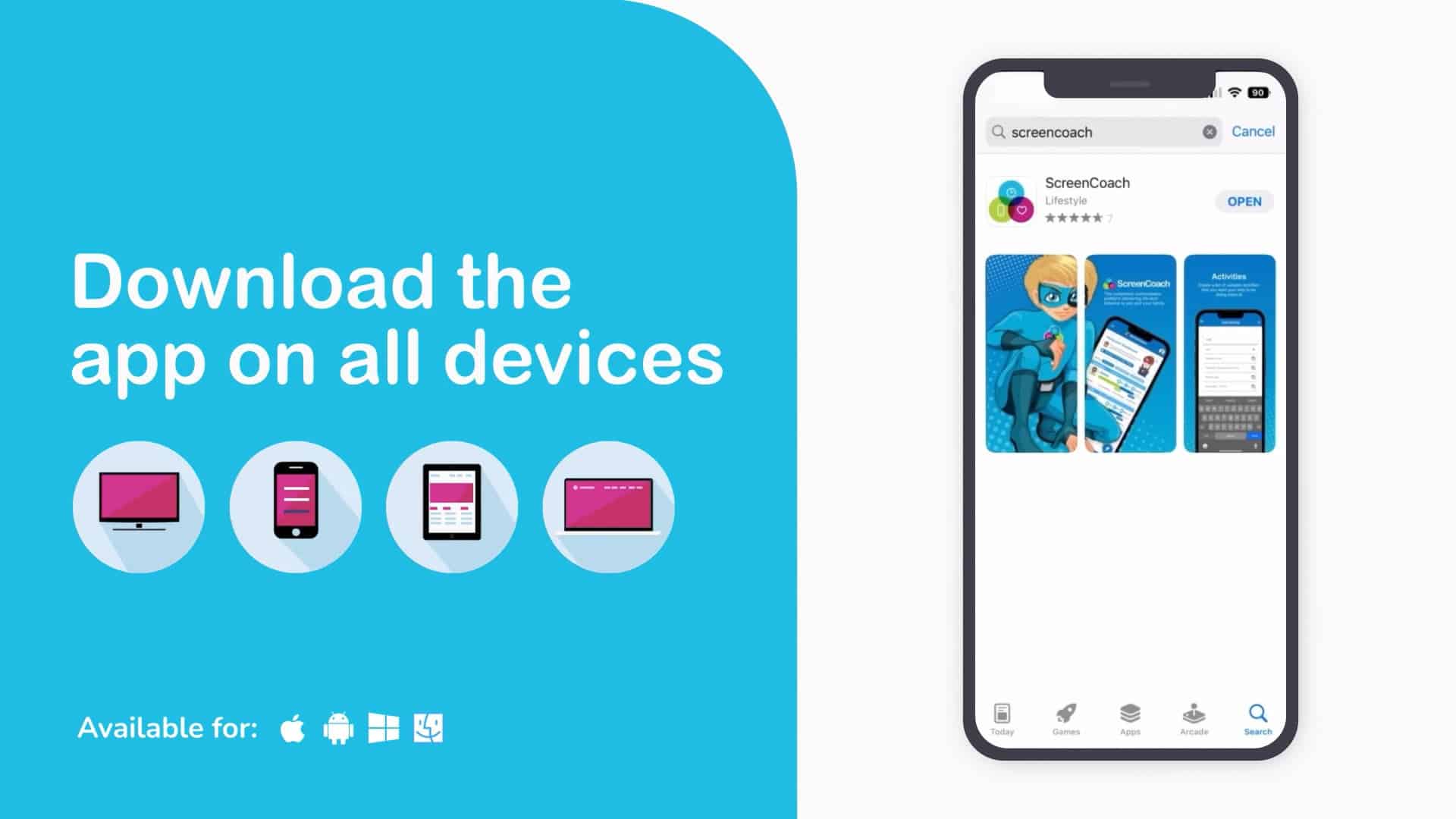 A smartphone displays the ScreenCoach app on its store page. Text reads Download the app on all devices with icons for mobile, tablet, desktop, and laptop, plus platform logos for Apple, Android, Windows, and Mac. Don’t miss the latest ScreenCoach Offer—make it even easier to manage screen time across all your family’s devices!.