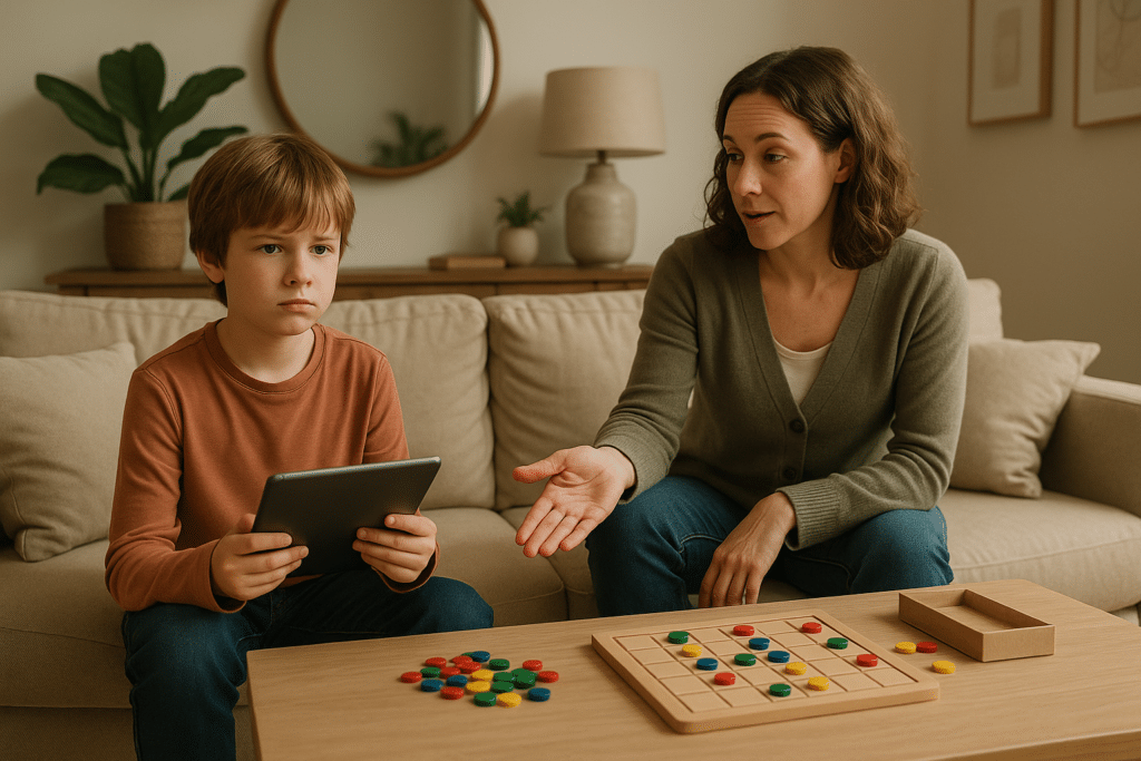 Parent helping child transition off screens without meltdown by offering engaging alternative activity