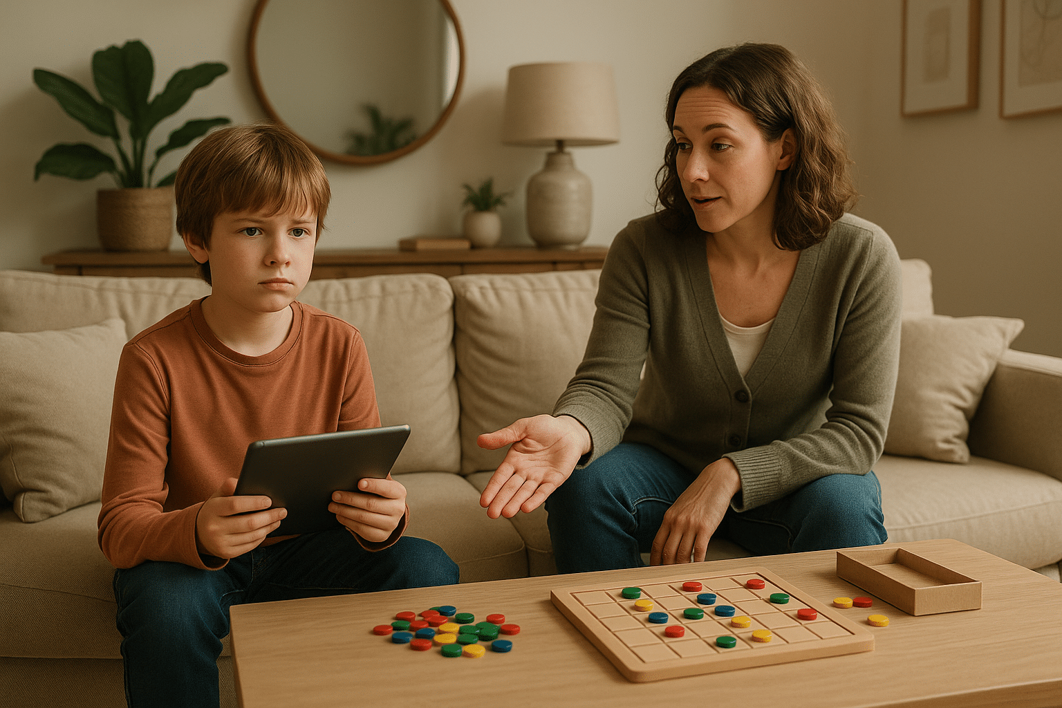 Parent helping child transition off screens without meltdown by offering engaging alternative activity